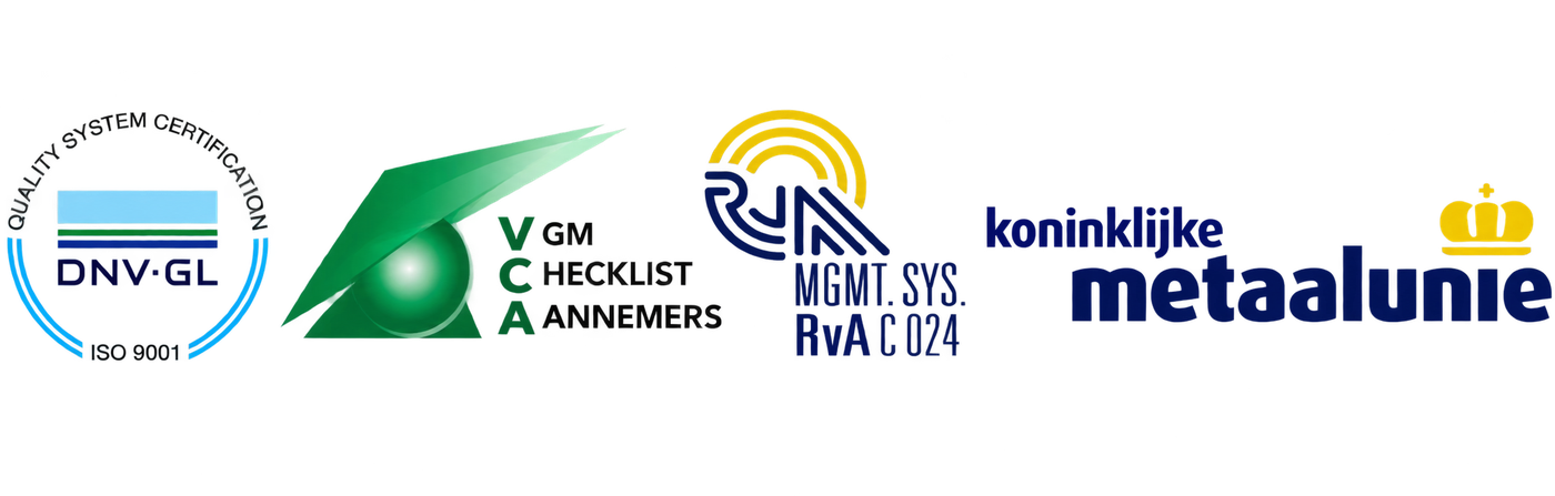 ISO 9001 gecertificeerd door DNV-GL, VCA, geaccrediteerd door de Raad voor Accreditatie, aangesloten bij Koninklijke Metaalunie